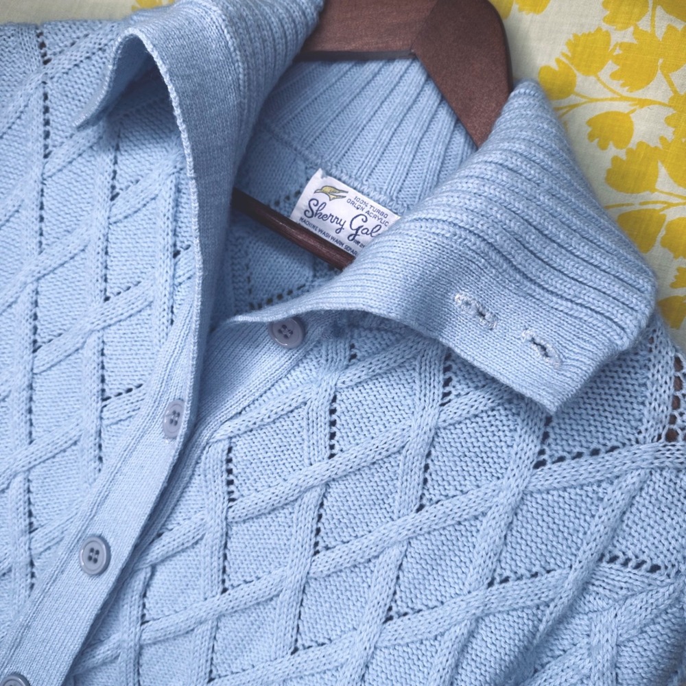 Vintage Sherry Gale Light Blue Diamond Pointelle Knit Button Front Cardigan